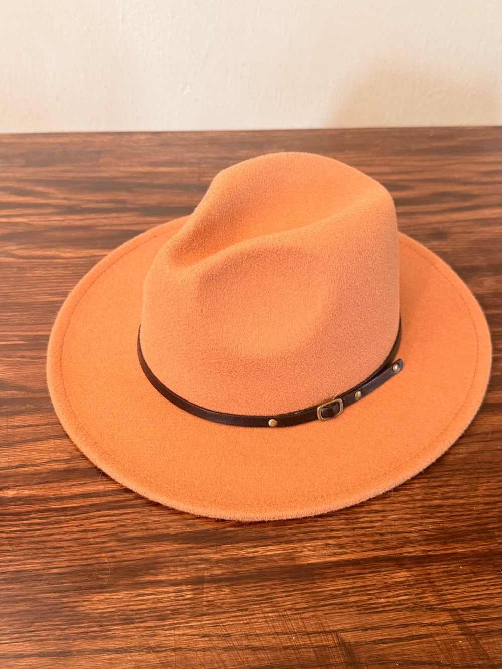 Camel Brown Felt Wide-Brim Fedora Hat Leather Band
